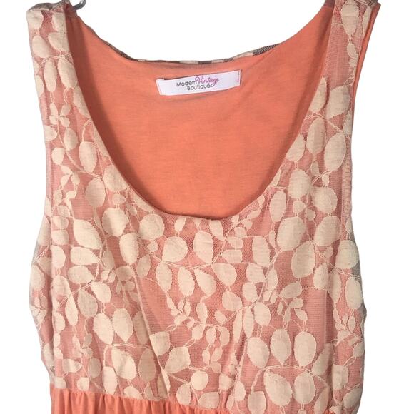 Anthro Modern Vintage Peach Leaf Lace Dress Medium Hippie Crunchy Minimalist - Picture 4 of 7
